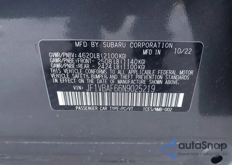 2022 Subaru Wrx Premium из США, поврежденный, VIN JF1VBAF66N9025219